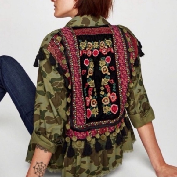 Zara Camo Embroidered Peplum Jacket Size Small - Picture 1 of 5